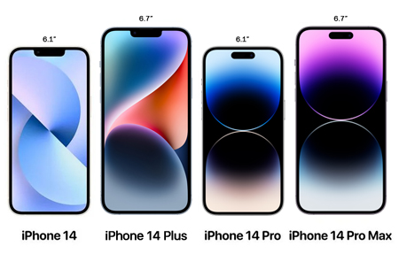всі 4 серійні моделі Apple iPhone 14 з розмірами діагоналі екрану