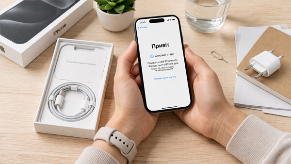 смартфон у руках користувача, відкрита коробка та аксесуари на столі