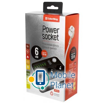 Мережевий фільтр ColorWay CW-CHЕ36B, 3 розетки / 6USB Black 1.8M (CW-CHЕ36B) (UA)