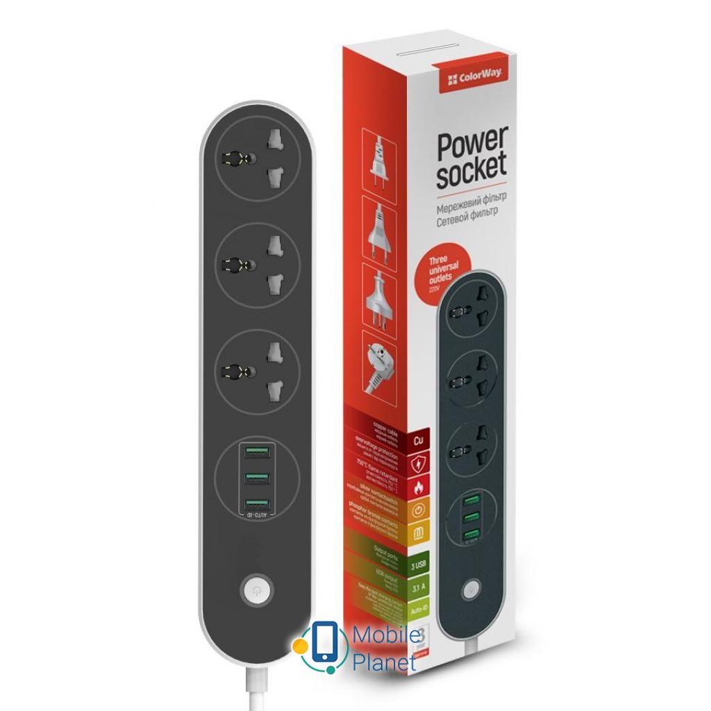 Мережевий фільтр ColorWay CW-CHU33B, 3USB Black 1.8M (CW-CHU33B)