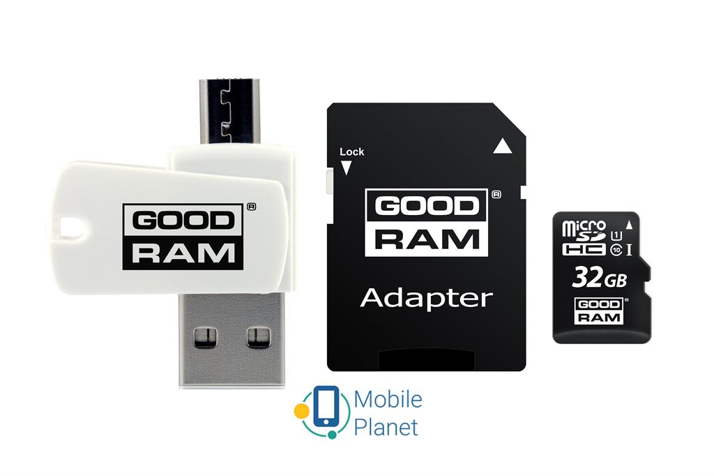 Карта пам'яті MicroSDHC 32GB UHS-I Class 10 GOODRAM + SD-adapter + OTG Card reader (M1A4-0320R12) (UA)