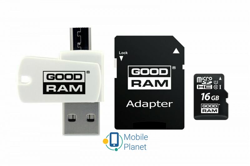 Карта пам'яті MicroSDHC 16GB UHS-I Class 10 Goodram + SD-adapter + OTG Card reader (M1A4-0160R12) (UA)