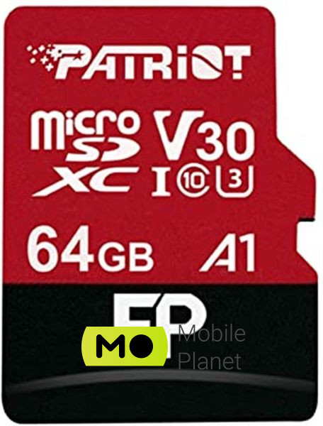 Карта памяти MicroSDXC 64GB UHS-I/U3 Class 10 Patriot EP A1 R100/W80MB/s + SD-adapter (PEF64GEP31MCX) (UA)