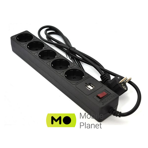 Мережевий фільтр Patron 1.8m (SP-52) + 2 USB 2.0, 2.1A, 5 троянд. BLACK (EXT-PN-SP-52-USB) (UA)