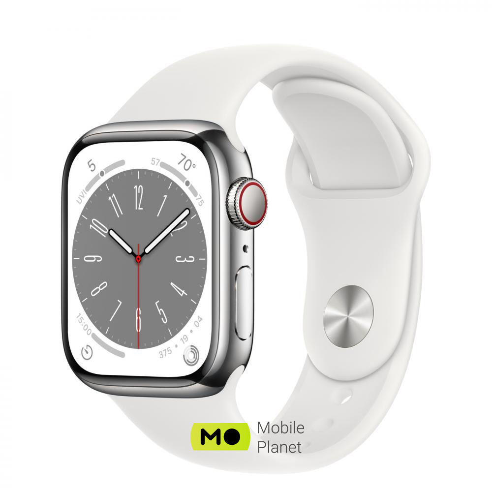 Часы Apple Watch Series 8 GPS + Cellular 45mm Silver S. Steel Case w. White S. Band (MNKE3)