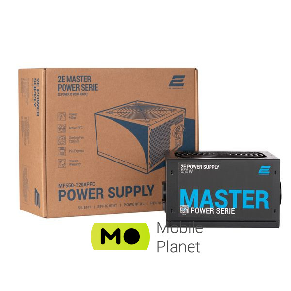 Блок живлення 2E MASTER POWER (550W), >80, 80+ White, 120mm, 1xMB 24pin(20+4), 1xCPU 8pin(4+4), 3xMolex, 5xSATA, (2E-MP550-120APFC) (UA)