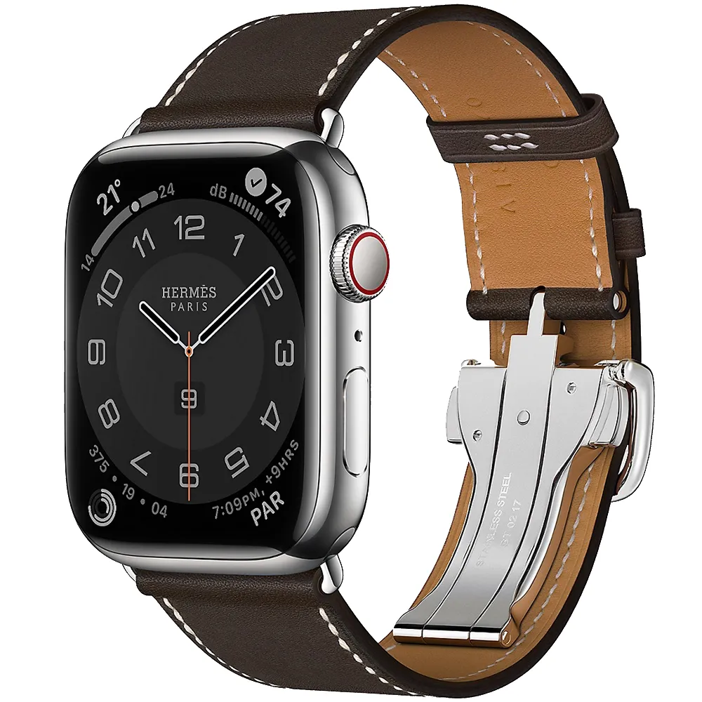 Часы Apple Watch Hermès Series 9 GPS + Cellular, 45mm Silver Stainless Steel Case with Ebene Deployment Buckle (MRQP3 / H074198CJ46)