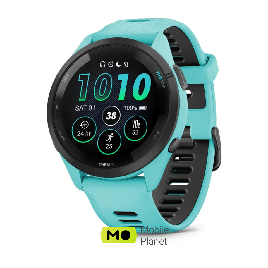 Garmin Forerunner 265 Black Bezel w. Aqua Case and Aqua/Black Silicone Band (010-02810-02/12/52)