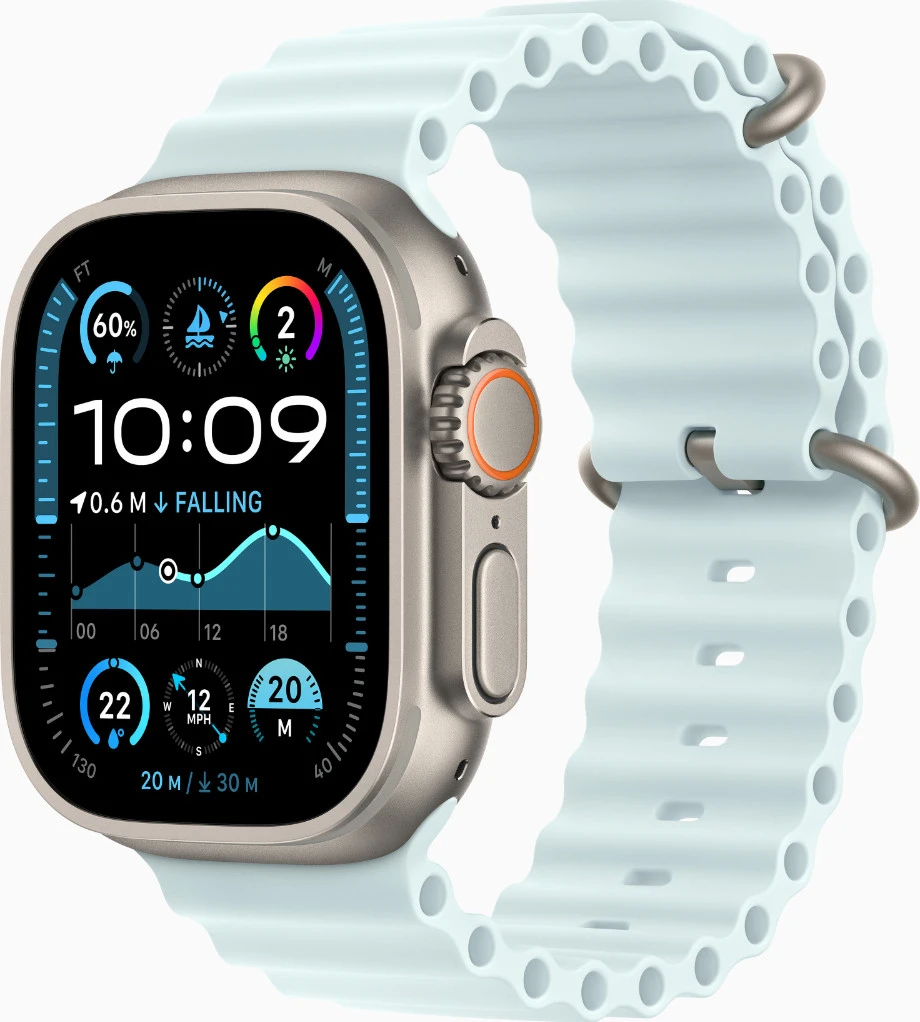 Часы Apple Watch Ultra 2 GPS + Cellular 49mm Natural Titanium Case w. Ice Blue Ocean Band (MYT03+MXTF3)