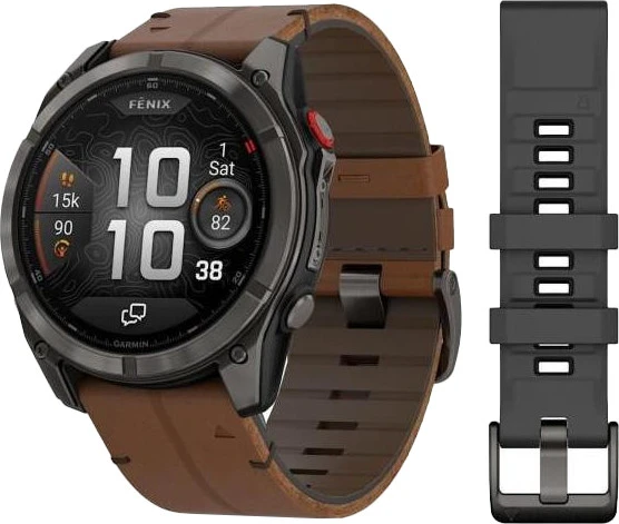 Смарт-годинники Garmin Fenix 8 Pro 51 мм AMOLED Carbon Gray DLC Titanium з коричневим шкіряним ремінцем (010-03199-40)