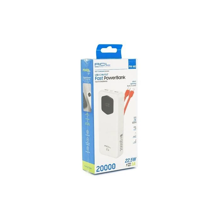 Мобильная батарея ACL 20000mAh, 22.5W, cables Type-C + Lighting, White (ACL PW-140) (UA)