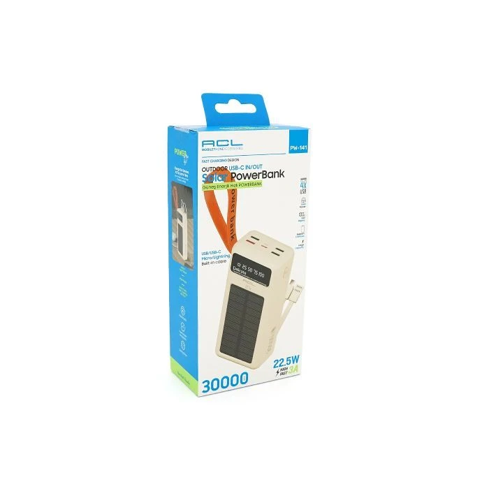 Мобильная батарея ACL 30000mAh, Solar, 22.5W, cables Type-C + Lighting, White (ACL PW-141W) (UA)