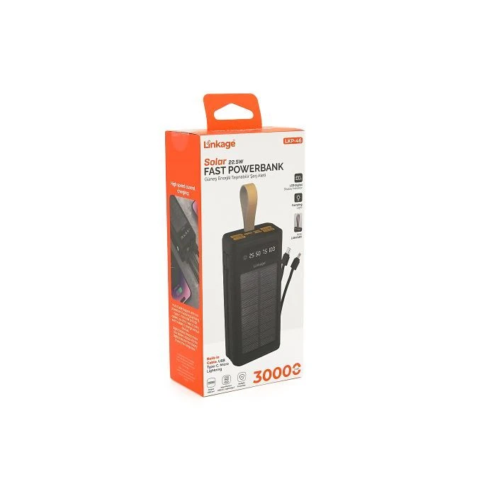 Мобильная батарея Linkage 30000mAh, Solar, 22.5W, cables Туре-С+Lighting, Black (LKP-46) (UA)