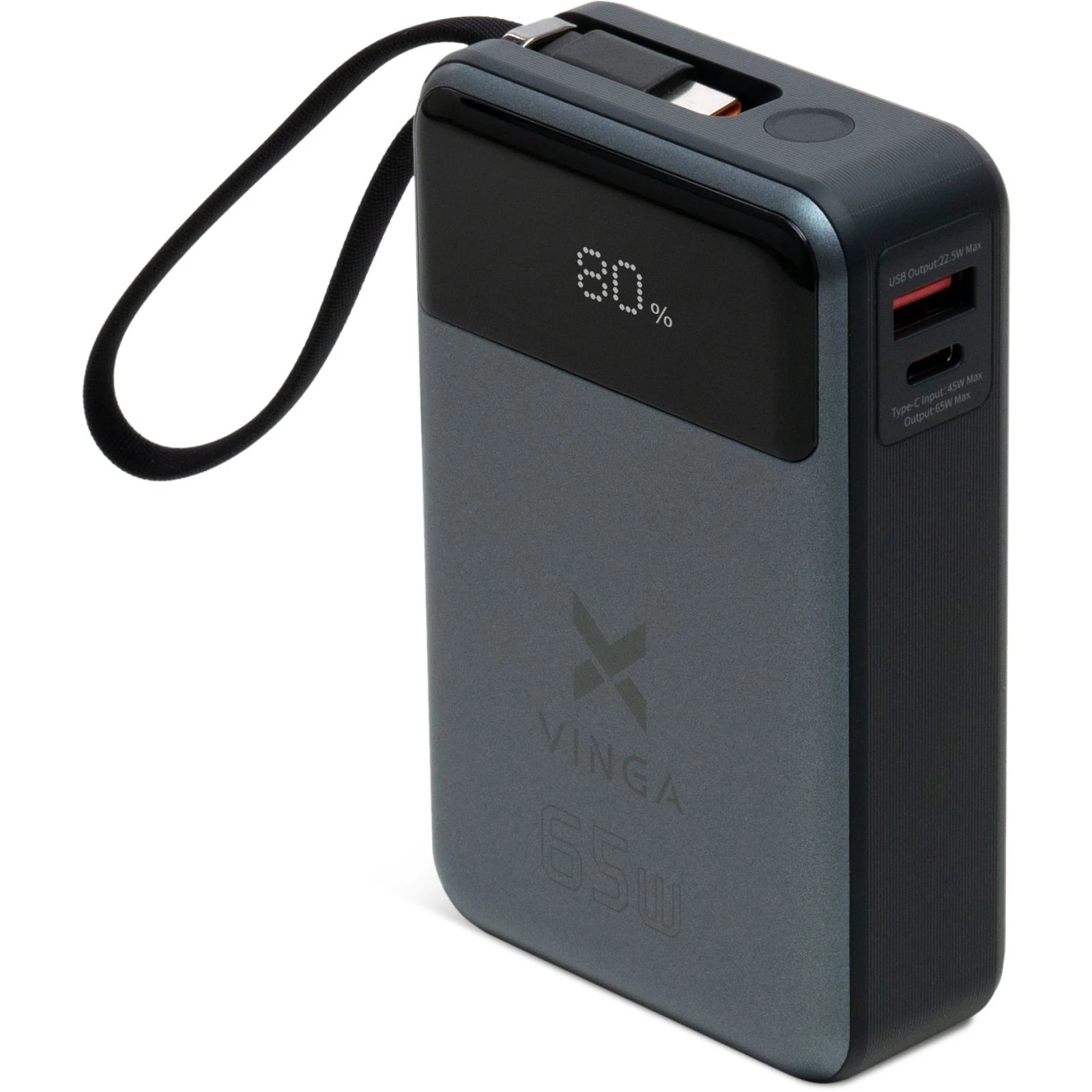 Мобільна батарея Vinga 20000 mAh 65W Display USB-C Cable Grey (VPBB2065C) (UA)