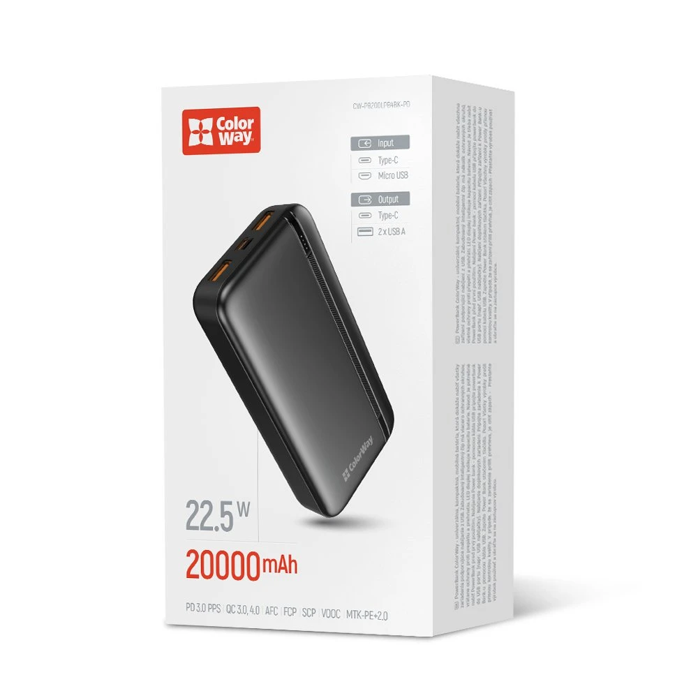 Мобільна батарея ColorWay Portable Charger 20000mAh Black (CW-PB200LPB4BK-PD) (UA)