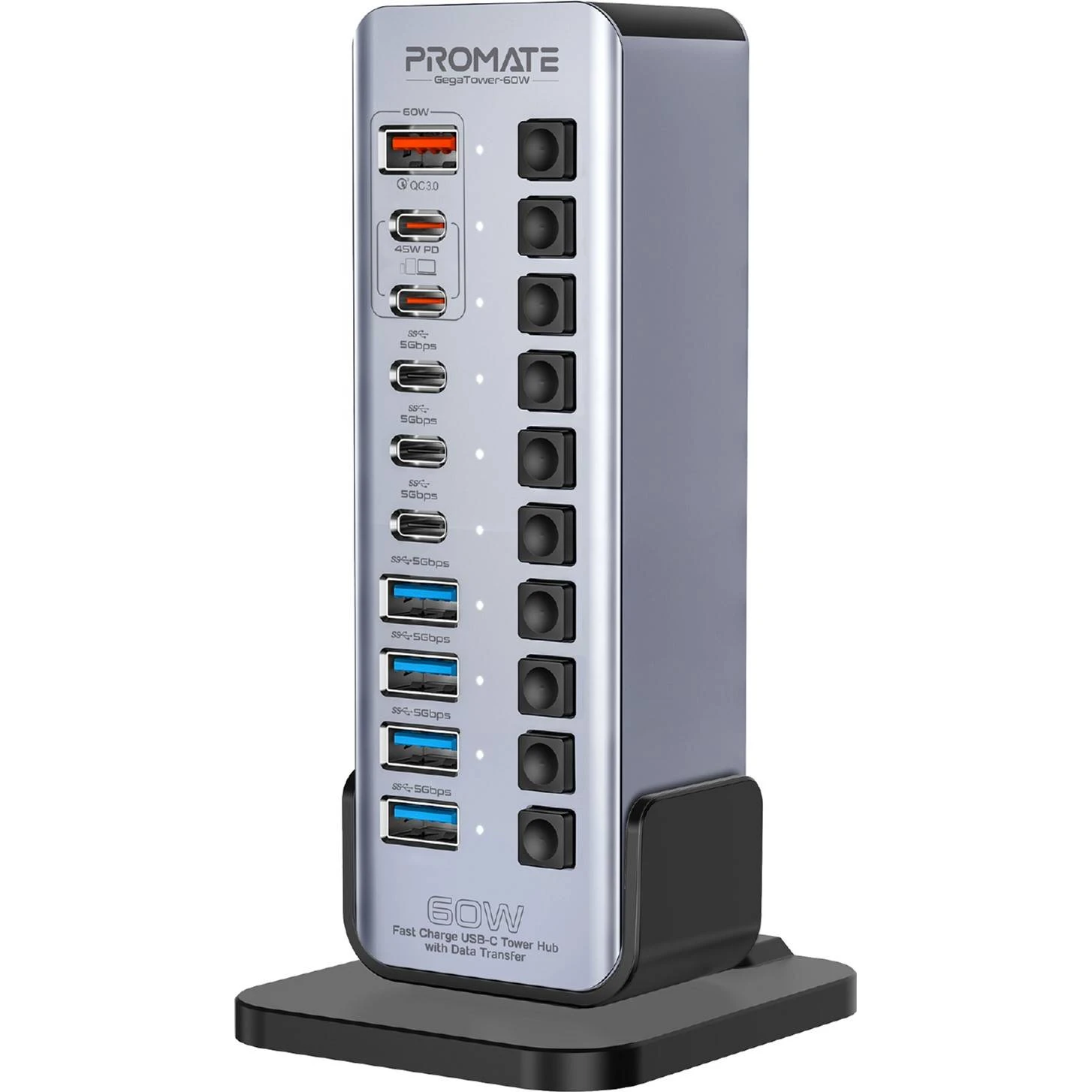 USB-хаб Promate GegaTower-60w USB Type-C Сірий