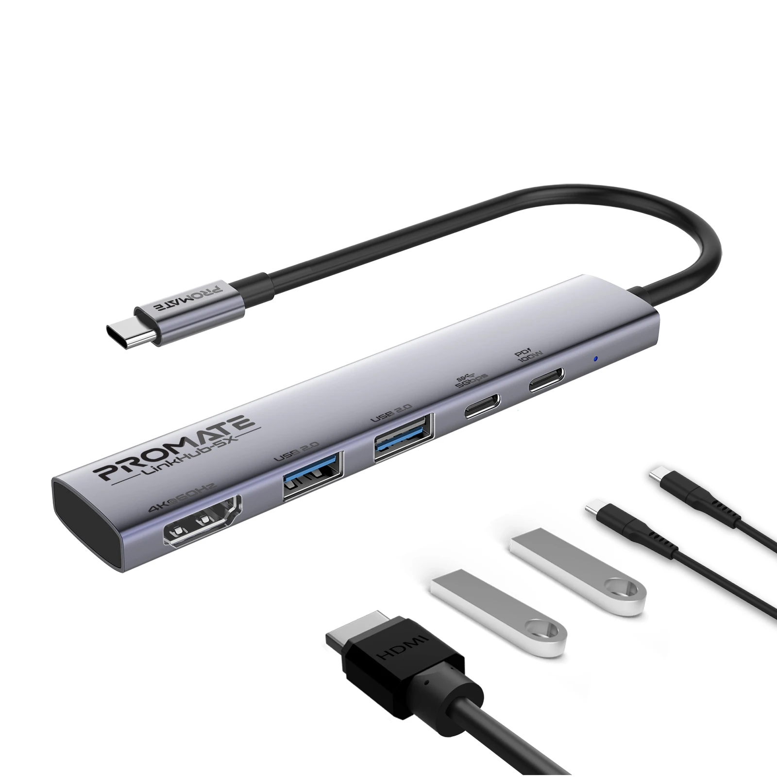 USB-хаб Promate LinkHub-5x USB Type-C 5-в-1 Сірий