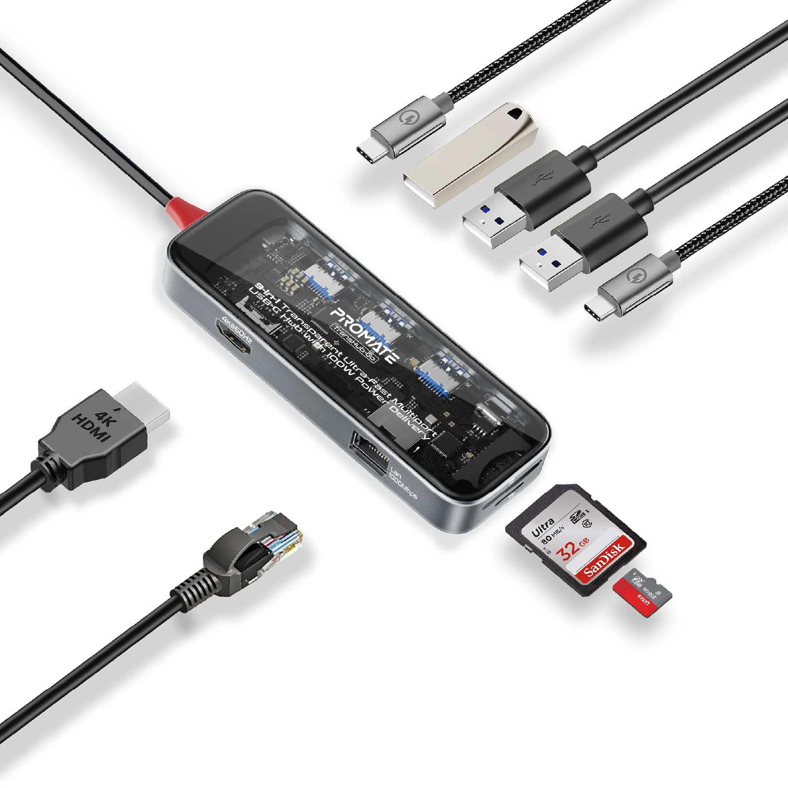 USB-хаб Promate TransHub-Go USB Type-C 9-в-1 Сірий