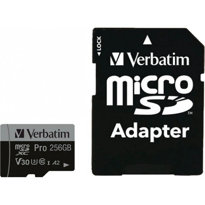 Карта пам'яті Verbatim 256 GB microSD UHS-I U3 V30 A2 Class 10 Pro + SD-adapter (47045) (UA)