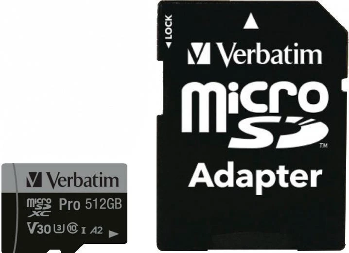 Карта пам'яті Verbatim 512 GB microSD UHS-I U3 V30 A2 Class 10 Pro + SD-adapter (47046) (UA)