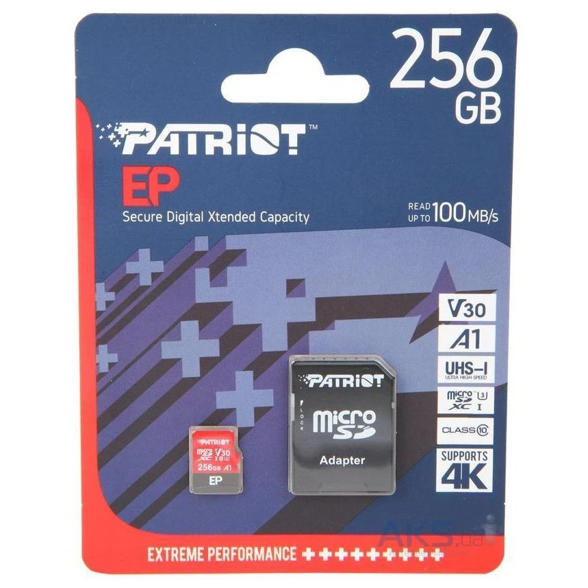 Карта пам'яті PATRIOT 256 GB microSDXC UHS-I U3 V30 A1 EP + SD adapter (PEF256GEP31MCX)