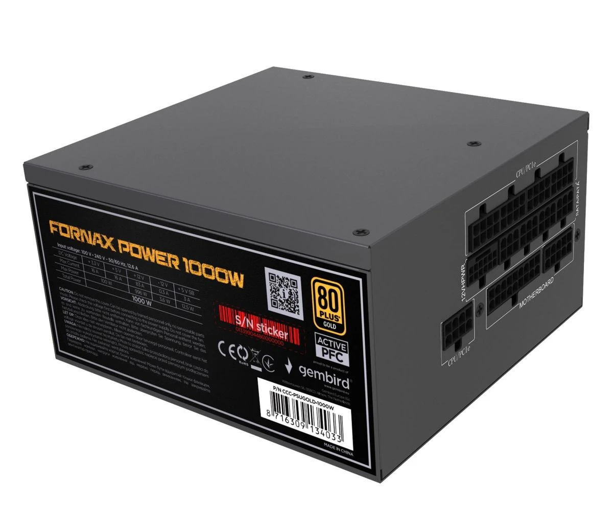 Блок питания Gembird Fornax 1000W 80 Plus Gold (CCC-PSUGOLD-1000W) EU