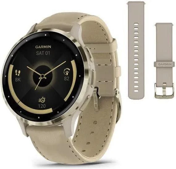 Смарт-годинники Garmin Venu 3S Soft Gold S. Steel Bezel з корпусом French Gray та шкіряним ремінцем (010-02785-55)