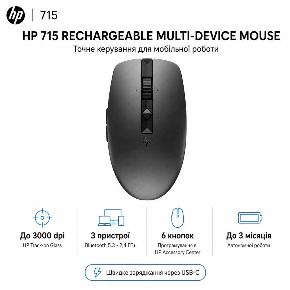 Мышь HP 715 Rechargeable Multi-Device Bluetooth Mouse (6E6F0AA) (UA)