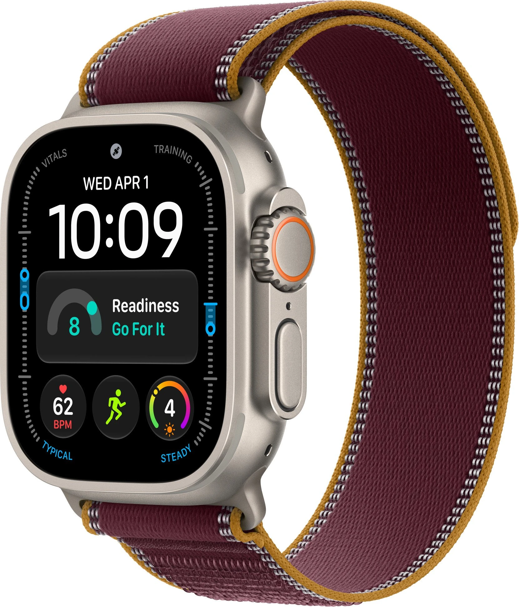 Годинники Apple Watch Ultra 4 Natural Titanium Case with Burgundy Trail Loop - S/M (MJCR4+MK8G4)