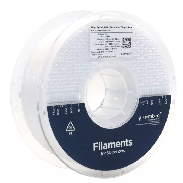 Пластик для 3D-принтера Gembird ABS High Speed, 1.75 мм, 1kg, white (3DP-ABS1.75HY-01-W) (UA)