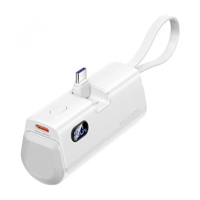 Мобильная батарея VENTION 4800mAh 22,5W PD, USB-C In/Out, LED display, with built-in USB-C cable White (FHQW0) (UA)