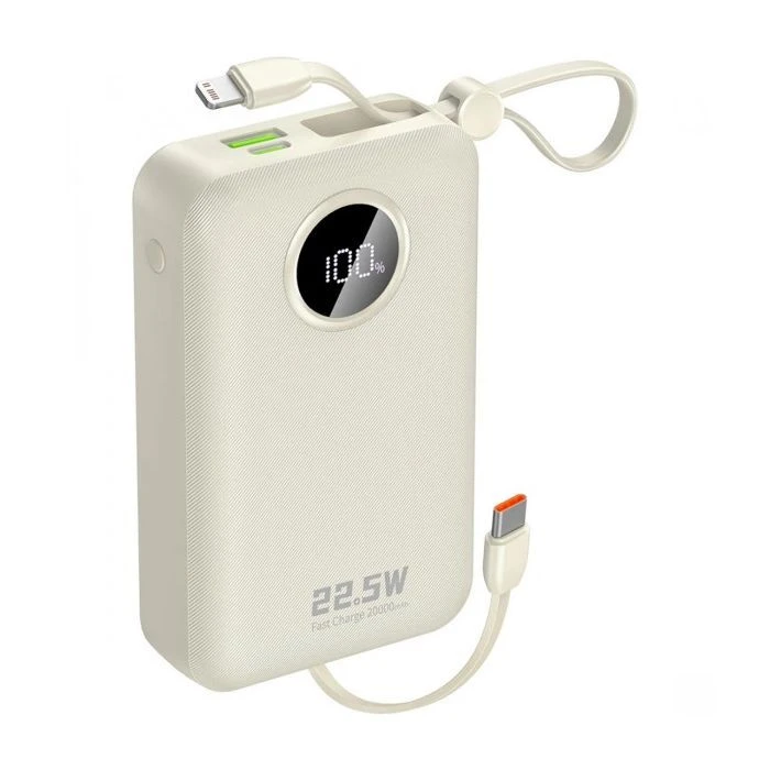Мобільна батарея Dudao 20000mAh K14+ 22.5W, PD, QC, USB-A, USB-C(In/Out), with built-in USB-C/Lightning cables, White (6977196680023) (UA)