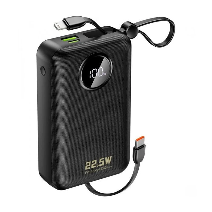 Мобильная батарея Dudao 20000mAh K14+ 22.5W, PD, QC, USB-A, USB-C(In/Out), with built-in USB-C/Lightning cables, Black (6977196680016) (UA)