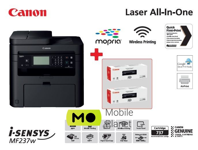 А4 ч / б Canon i-SENSYS MF237w c Wi-Fi (1418C170AA) + 2 картриджа Canon 737 (UA) Технологія друку: лазерна;