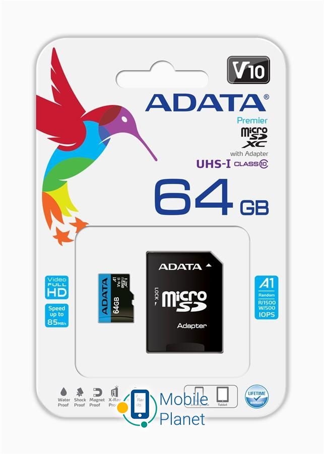 AData Premier microSDHC/SDXC UHS-I Class10 (AUSDX64GUICL10A1-RA1) (UA) Тип: microSDXC; Обсяг: 64 ГБ; Клас