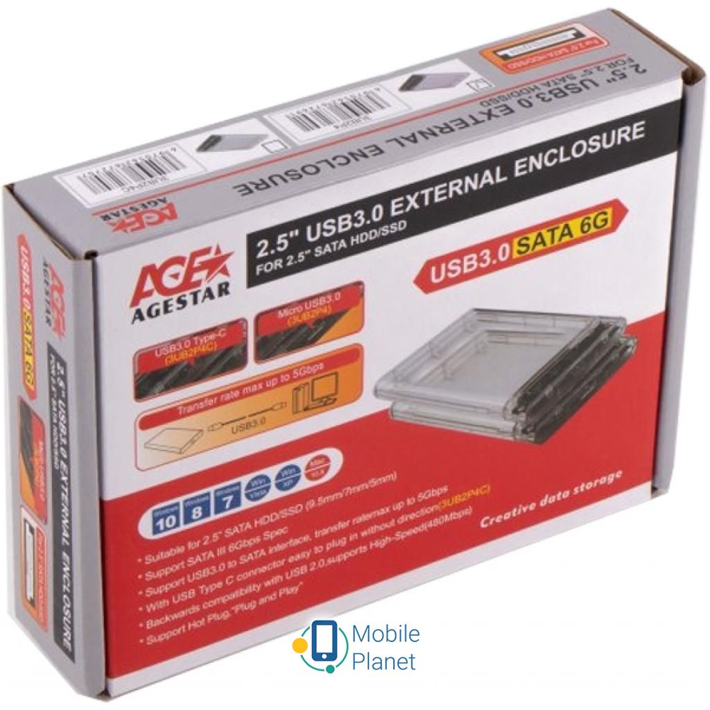 AgeStar 2.5 , USB3.0, прозорий (3UB2P4) Внутрішній інтерфейс: 2.5 '' HDD / SDD,