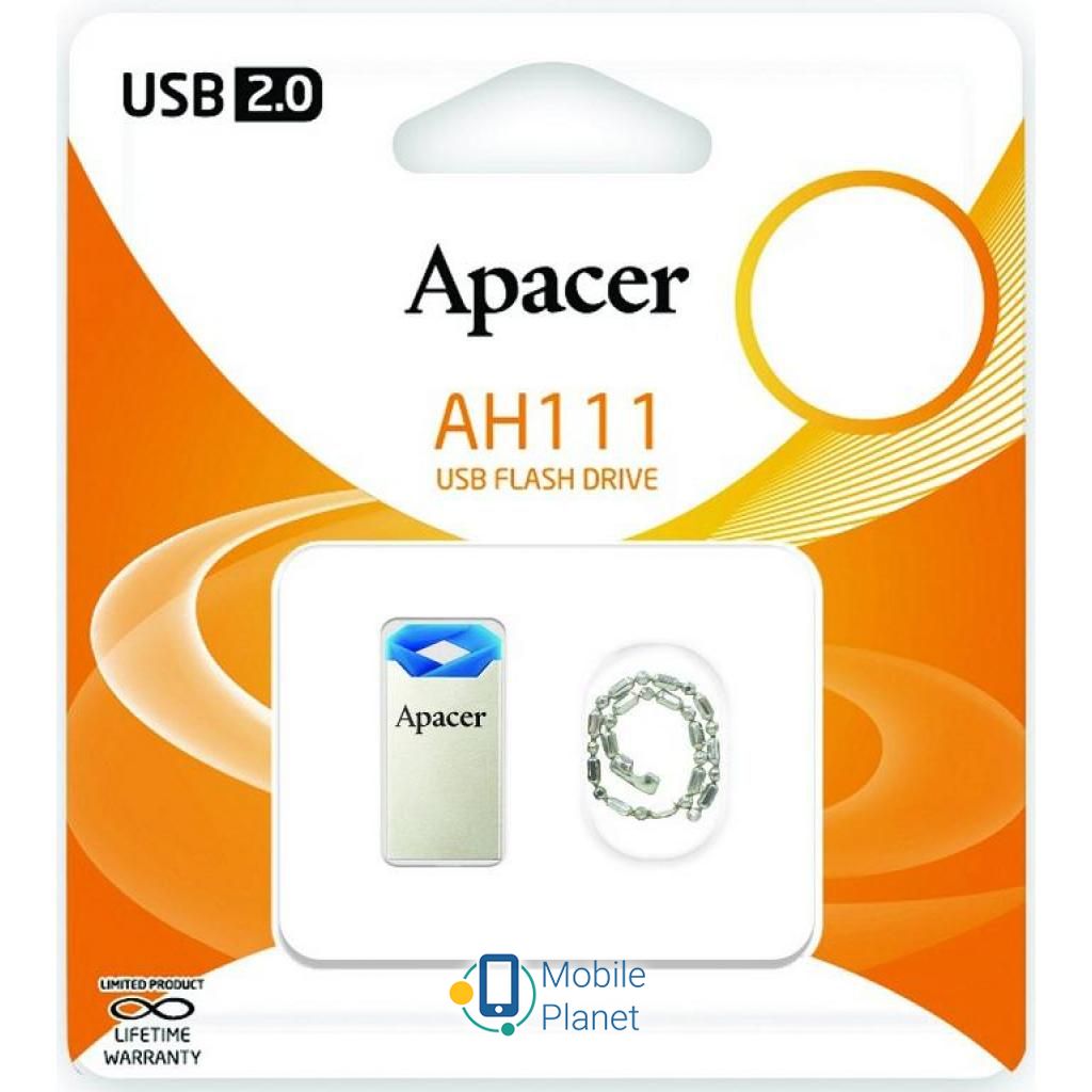 Apacer 64GB AH111 Blue USB 2.0 (AP64GAH111U-1) (UA) Тип: Суперкомпактные,