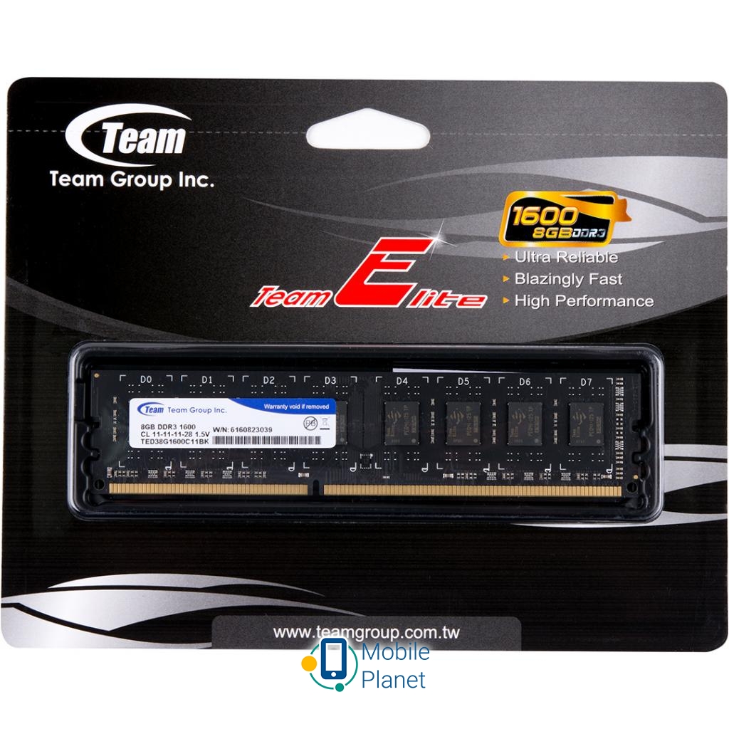 DDR3 8GB 1600 MHz Team (TED38G1600C1101) Тип пам'яті: DDR 3; Обсяг пам'яті: 8