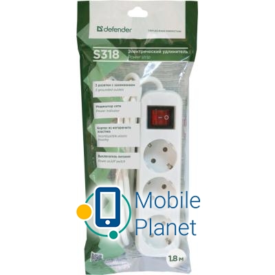 Defender S318 1.8 m 3 роз switch white (99233) (UA) Тип: подовжувач; Сумарна