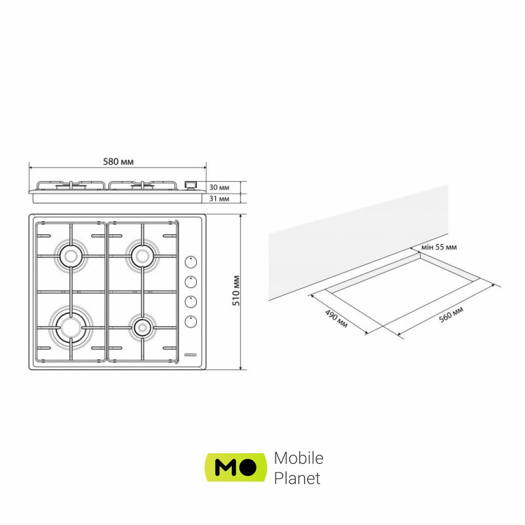 ELEYUS NOTA 60 IS EF (UA) Тип поверхні: газова; Матеріал