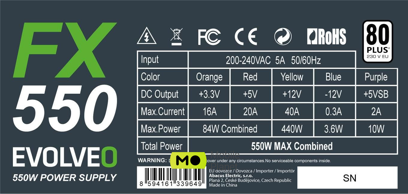 Evolveo FX550 550W 80 Plus (czefx550) EU Максимальна потужність, Вт: 550