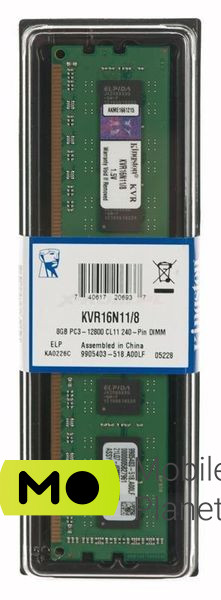 Kingston 8GB (1x8GB) 1600MHz CL11 (KVR16N11 / 8) EU Тип пам'яті: Ddr3 .; Загальна