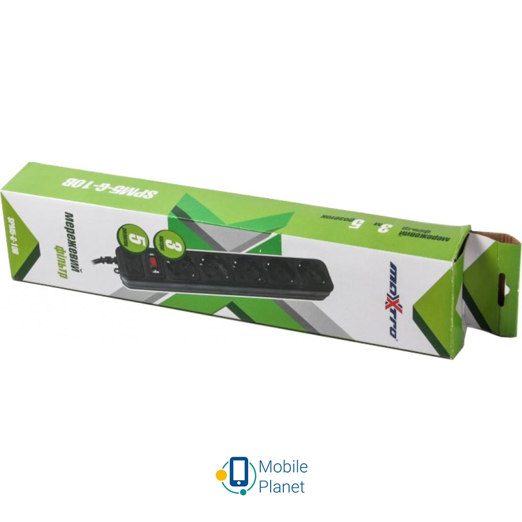 Maxxter SPM5-G-10B чорний, 3 м кабель, 5 розеток (SPM5-G-10B) Номінальна напруга: ~ 220 / 230 В;