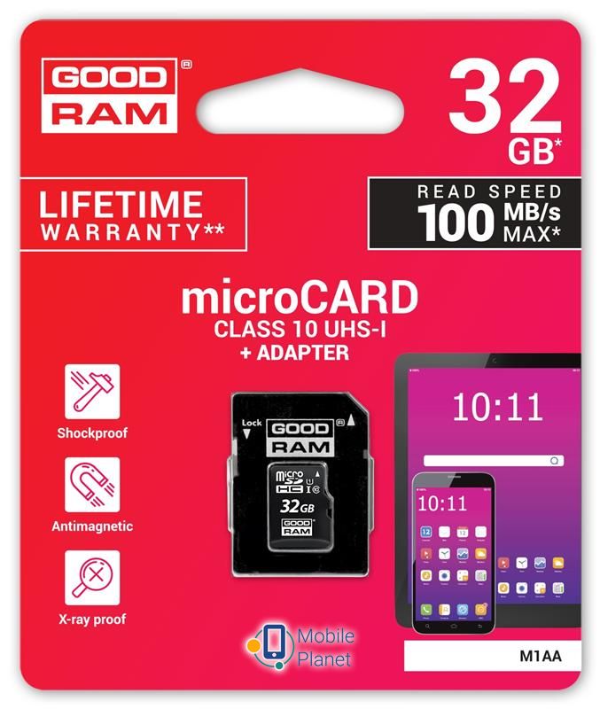 MicroSDHC 32GB UHS-I Class 10 Goodram + SD-adapter (M1AA-0320R12) (UA) Тип карти: microSDHC; Обсяг пам'яті: 32
