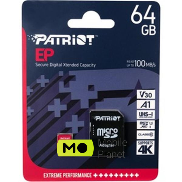 MicroSDXC 64GB UHS-I/U3 Class 10 Patriot EP A1 R100/W80MB/s + SD-adapter (PEF64GEP31MCX) (UA) Тип картки: microSDXC; Об'єм пам'яті: 64
