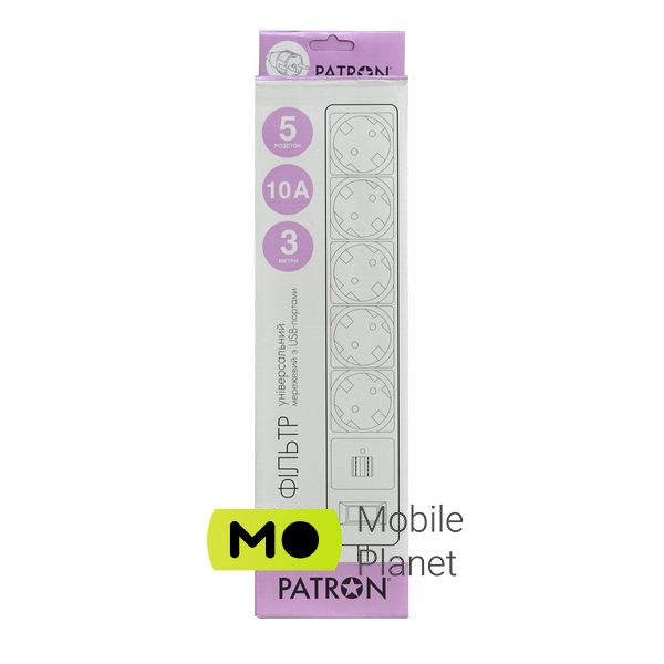 Patron 3m (SP-53) + 2 USB 2.0, 2.1A, 5 троянд. BLACK (EXT-PN-SP-53-USB) (UA) Робоча частота 50-60 Гц