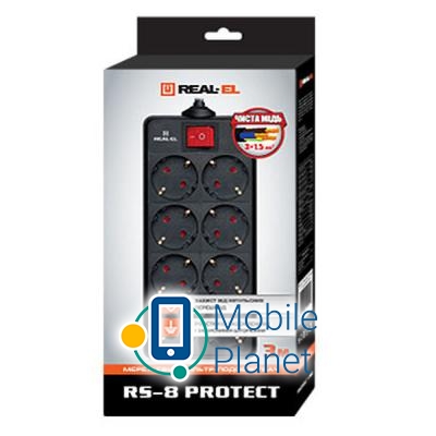 REAL-EL REAL-EL RS-8 PROTECT, 3m, black (EL122300022) (UA) Номінальна напруга: ~ 250 В (макс);