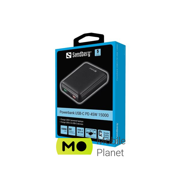 Sandberg 15000mAh, PD/45W(20V/2.25A), QC3.0, USB-C, Micro-USB, USB-A*2 (420-66) (UA) Місткість: 15000 mAh; Призначення:
