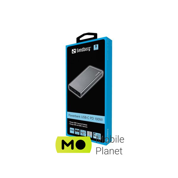 Sandberg 20000mAh, PD/88W+12W, USB-C, USB-A output: 5V/2.4A (12W max) (420-52) (UA) Місткість: 20000 mAh; Призначення: