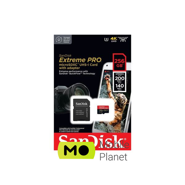 SanDisk 256 GB microSDXC UHS-I U3 Extreme Pro+SD Adapter (SDSQXCD-256G-GN6MA) (UA) Тип картки пам'яті microSDXC; Об'єм